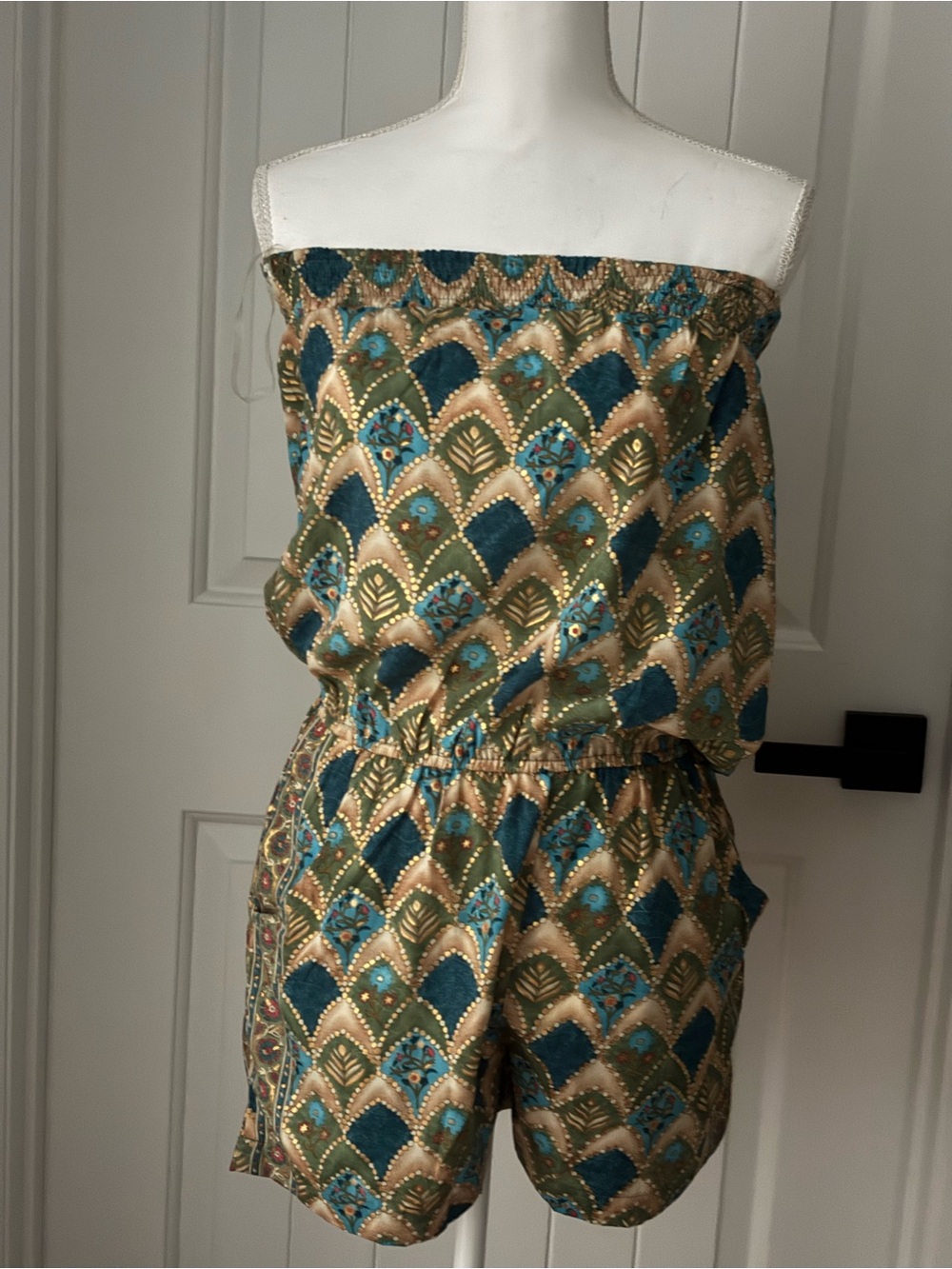 Strapless Gold and Teal Patterned Women’s Romper